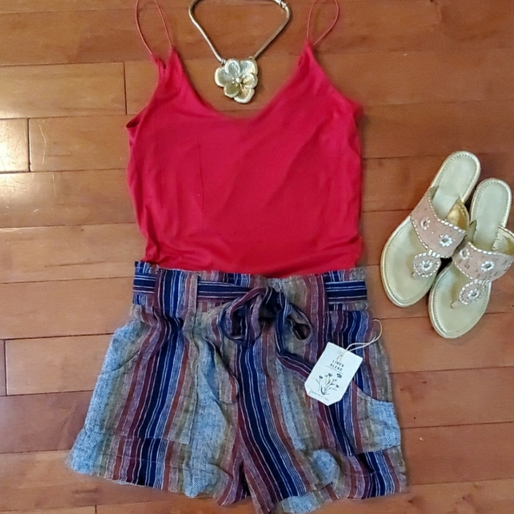 Linen Blend Striped Paper Bag Shorts - Picture 3 of 8